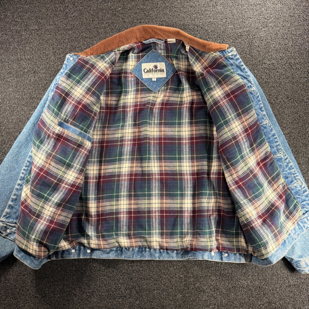 VTG California Outerwear Denim Barn Coat Mens XL Plaid Flannel Lined Corduroy - Picture 2 of 9